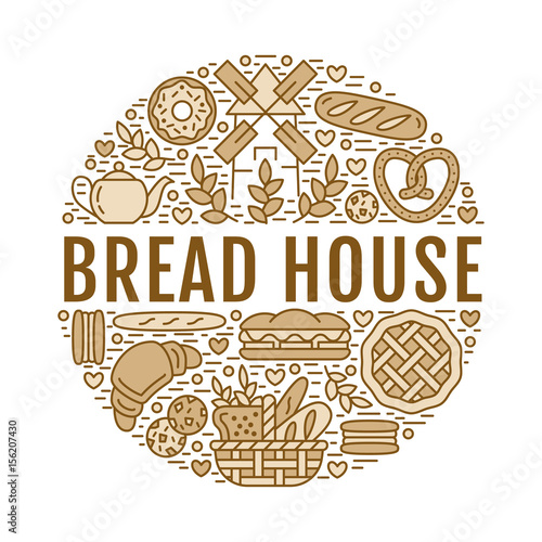Bakery, bread house poster template. Vector food line icons, illustration of sweets, pretzel croissant, muffin, pastry, cupcake pie, mill. Confectionery products banner with place for text.