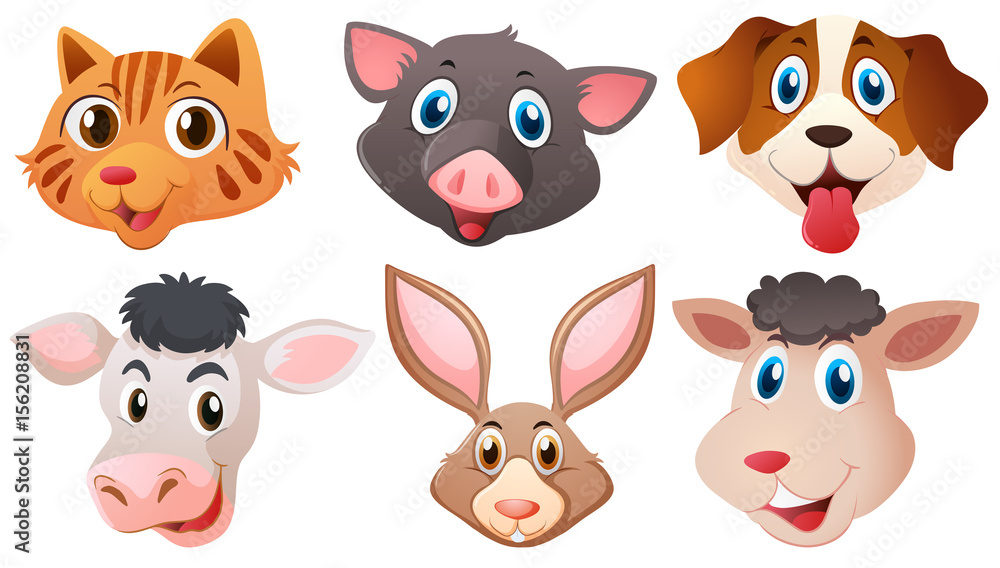 Different heads of cute animals