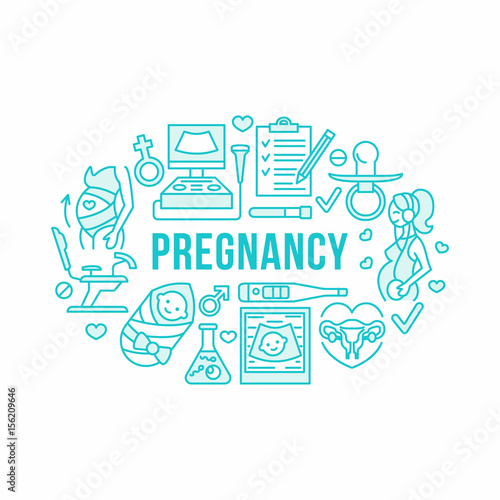 Medical, gynecology banner illustration. Obstetrics pregnancy vector line icons research, in vitro fertilization, ultrasound. Healthcare brochure, poster design.