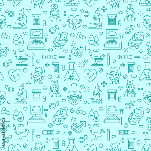 Medical seamless pattern, gynecology vector background blue color. Obstetrics, pregnancy line icons - ultrasound, gynecological chair, in vitro fertilization. Cute repeated illustration for hospital.