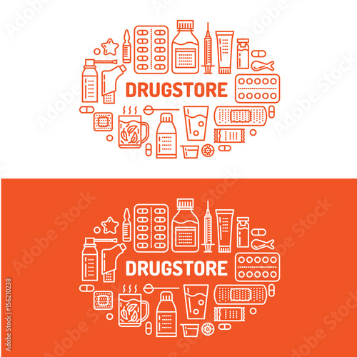 Medical, drugstore banner illustration. Pharmacy vector line icons tablet, capsules, pills, antibiotics vitamins and other medicines. Healthcare brochure, poster design red color.