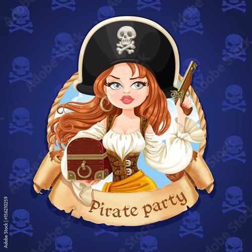 Beautiful pirate girl with treasure chest and gun. Banner for Pirate party