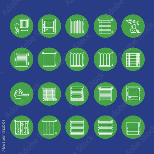 Window blinds, shades line icons. Various room darkening decoration, roller shutters, roman curtains, horizontal and vertical jalousie. Interior design thin linear signs for house decor shop.