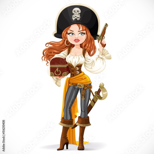 Beautiful pirate woman in big hat with a flint pistol in her hand isolated on a white background