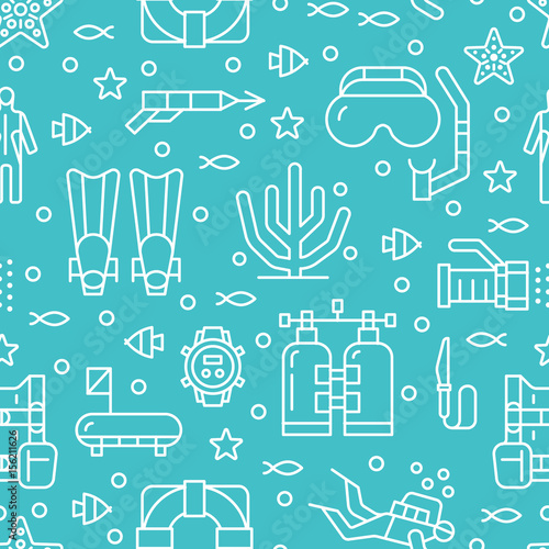 Scuba diving, snorkeling seamless pattern, water sport vector blue background. Summer activity cute repeated wallpaper with spearfishing equipment icons - mask tube, flippers. Good for kids textile.