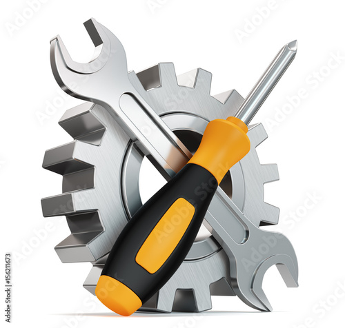 Gears and tools on a white background. 3d render illustration.Repair mark.