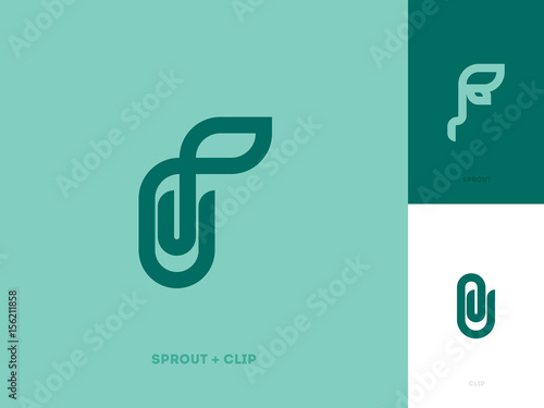 Modern line logo mark template or icon with sprout and paper clip