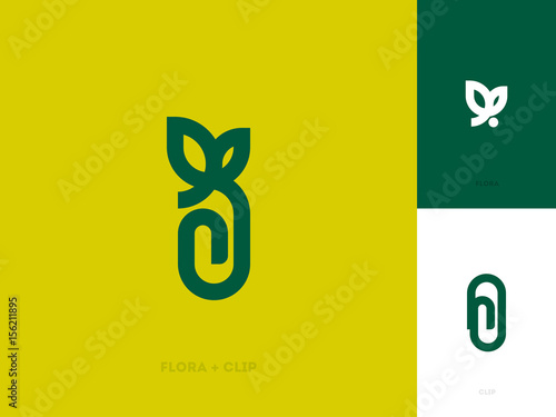 Modern line logo mark template or icon with leaf and paper clip
