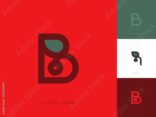 Elegant line style logo template or icon of letter b and red berry with leaf