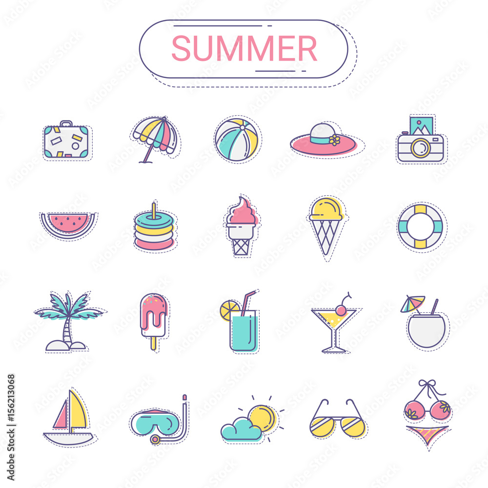 Summer icons set.Flat line icon style colorful and relax color create by  vector modern design.