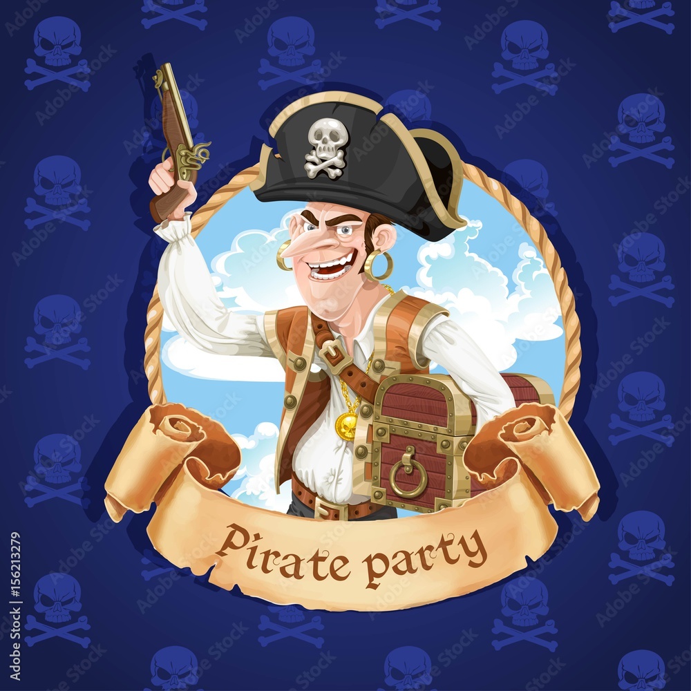 Cute pirate with a gun and big treasure chest. Banner for Pirate