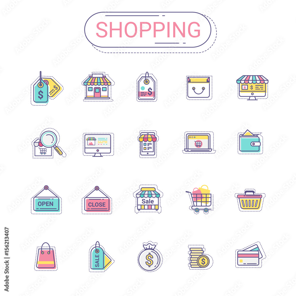Shopping and commerce icons set. Flat line icon style colorful and relax color create by vector modern design. The set can be used for shopping banner, info graphics, coupon, and promotion. Shopping and commerce icons set. Flat line icon style colorful and relax color create by vector modern design. The set can be used for shopping banner, info graphics, coupon, and promotion.