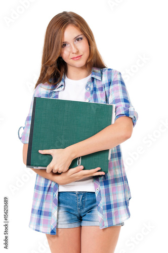 Beautiful teen girl with folders, isolated on white background 