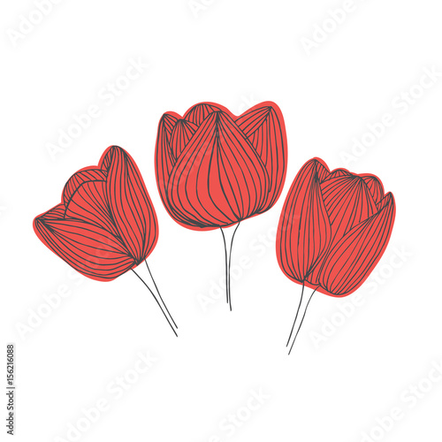 Hand drawn vector tulips with watercolor splashes, abstract textures and nature floral motifs in pastel colors isolated on white background.