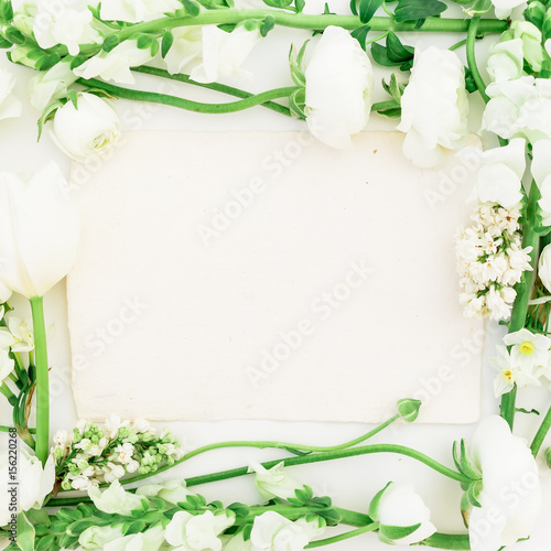 Frame of white flowers - ranunculus, snapdragon and tulip on white background. Background of spring flowers. Flat lay, top view.