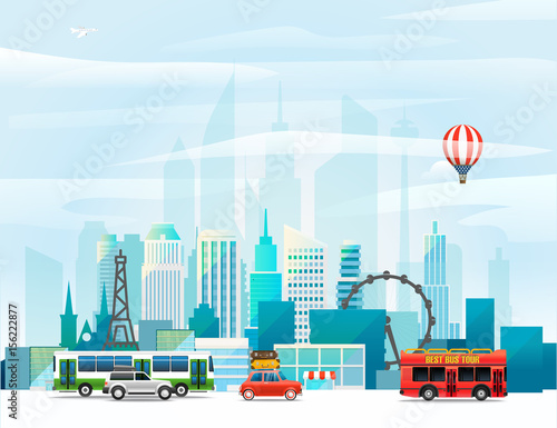 Modern cityscape vector illustration. Around the world concept