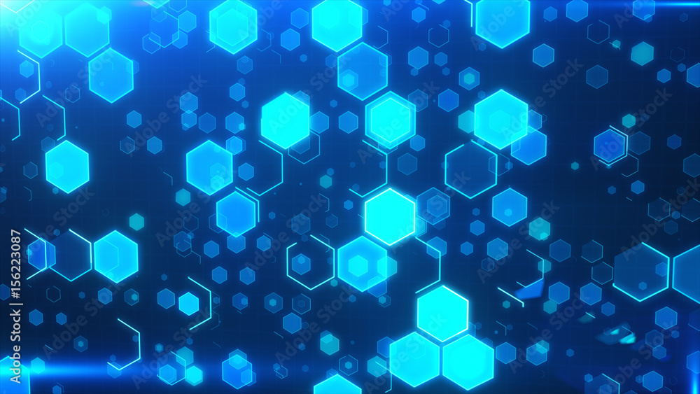 Abstract technological background with blue luminous hexagons. Abstract technological background with blue luminous hexagons.
