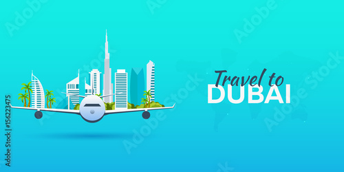 Travel to Dubai. Airplane with Attractions. Travel vector banners. Flat style.