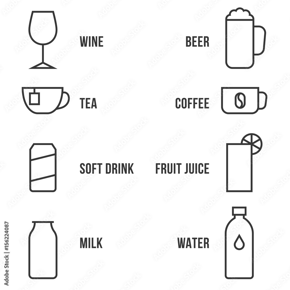 simple beverage outline icon set vector with name simple beverage outline icon set vector with name