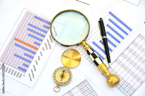 Compass and magnifying glass on the market reports