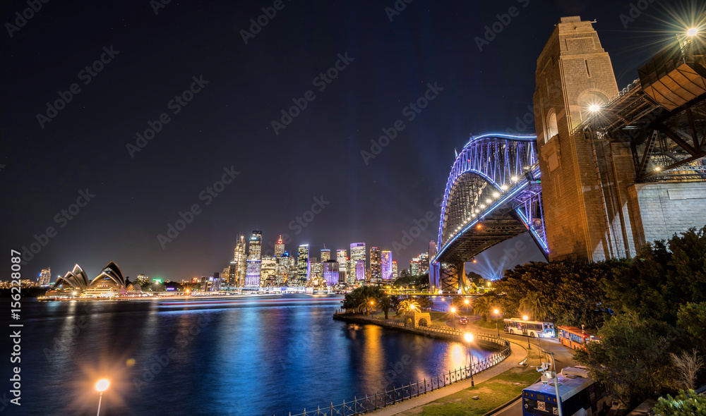 Sydney nightlight, Australia. May 25, 2017. Sydney city illuminated with colourful light design imagery, during the Vivid Sydney. The view from milsons point. Sydney nightlight, Australia. May 25, 2017. Sydney city illuminated with colourful light design imagery, during the Vivid Sydney. The view from milsons point.
