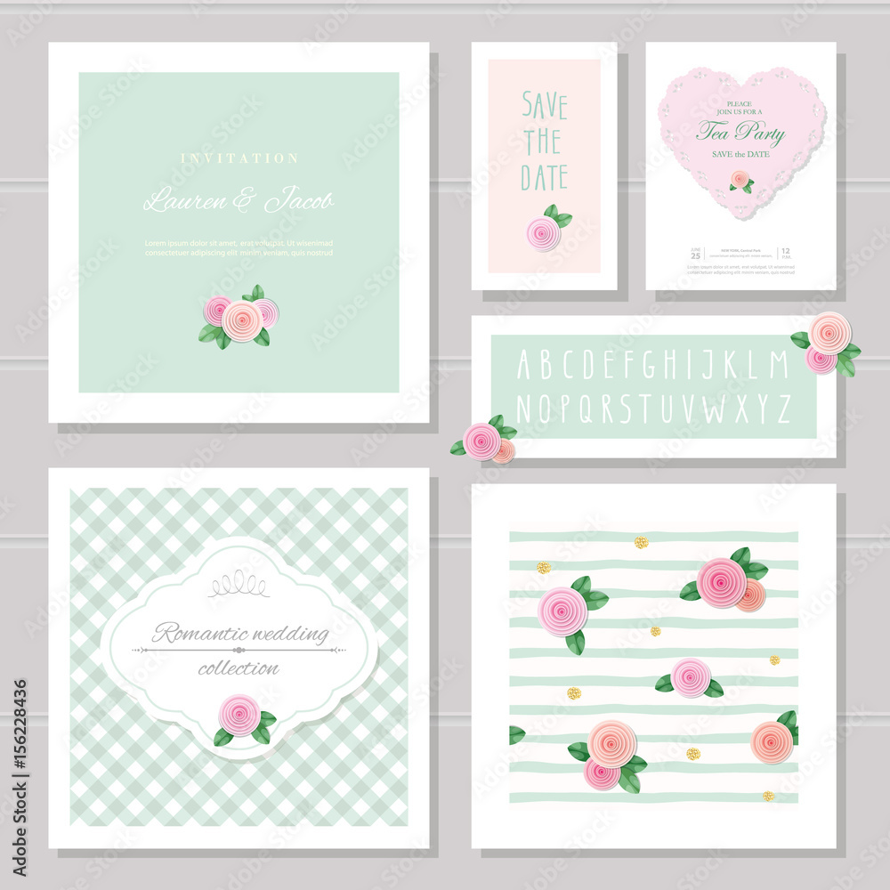 Wedding card templates set. Decorated with roses. Invitation, save the date. Pastel pink and green. Romantic collection, included frames, patterns, narrow hand written alphabet.
