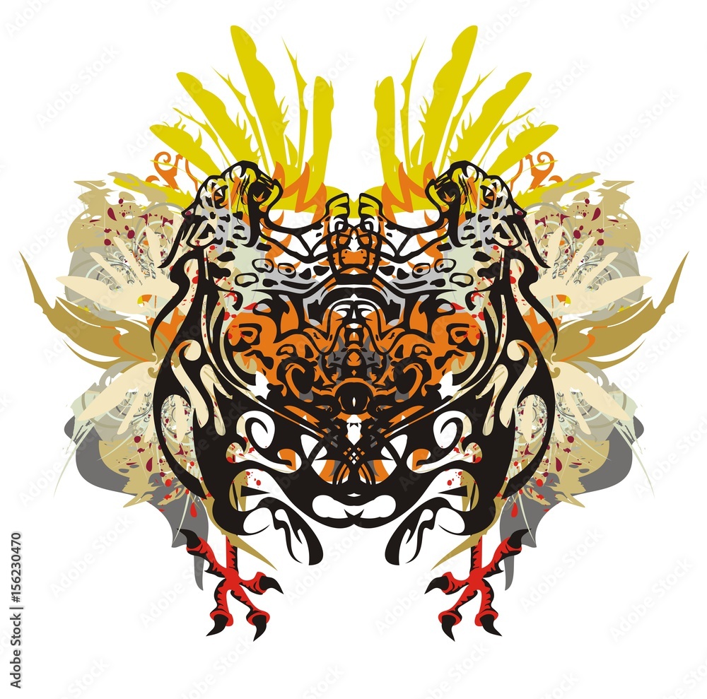 Fototapeta premium Colorful tropical motives. Grunge abstract butterfly formed by jaguars with eagle wings and cock legs with blood drops and color splashes