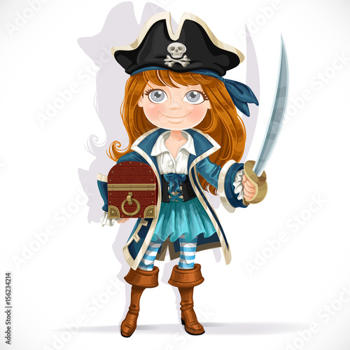Cute little pirate girl with cutlass and treasure chest isolated