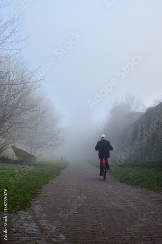 Cyclist in the foggy park