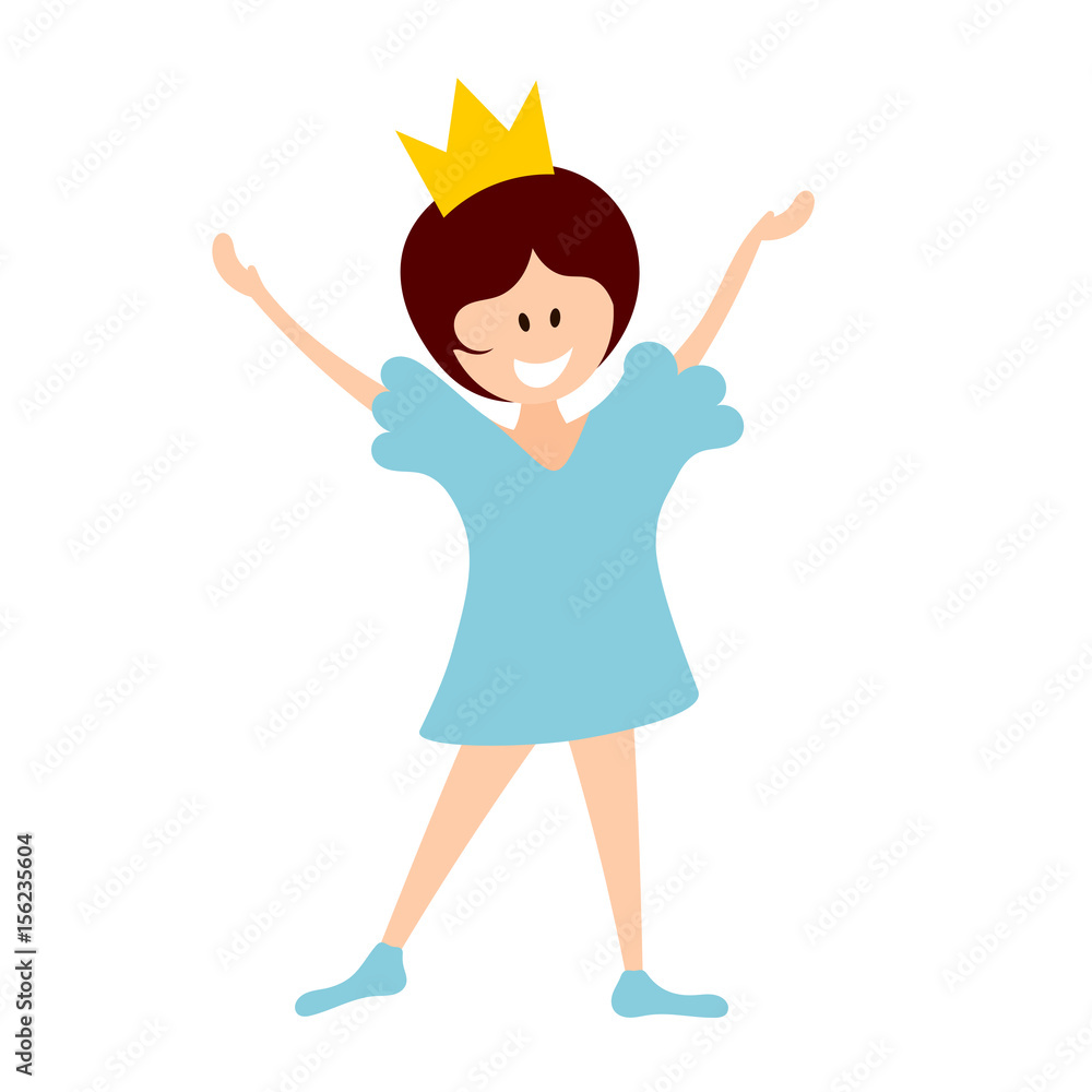 Little princess in a blue dress in a crown on a white background. Flat style design girl with crown on head. Vector illustration Little princess in a blue dress in a crown on a white background. Flat style design girl with crown on head. Vector illustration