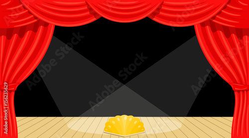 Cartoon theater. Theater curtain, Beams of searchlights and scene. Spectacle. Red silk side scenes on stage. Stock vector