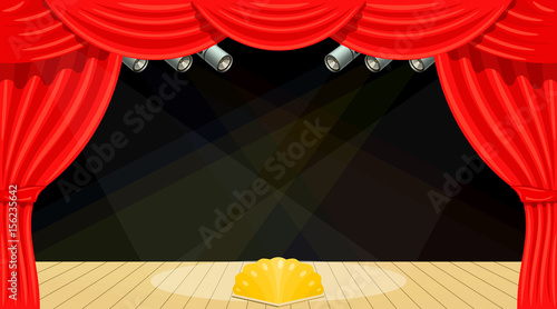 Cartoon theater. Theater curtain, Beams of searchlights. Spectacle. Red silk side scenes on stage. Stock vector
