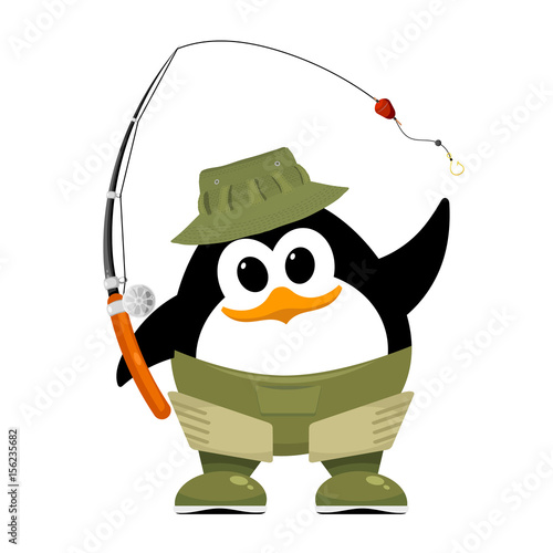 Abstract penguin in fishing rubber boots, hat and fishing rod on a white background. Cartoon illustration of a small penguin child on a fishing trip. Vector illustration