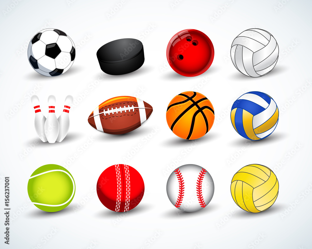 Sports balls vector set. hockey, baseball, cricket, basketball, soccer, tennis, football, baseball, bowling, golf, volleyball. Isolated vector illustration.