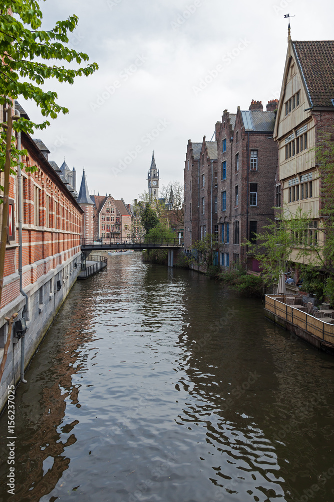 Fototapeta premium View of old picturesque traditional houses along the canal in Ghent, Belgium