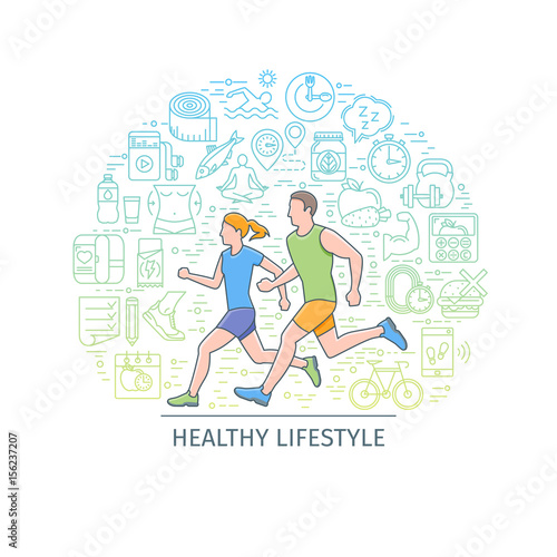 Healthy lifestyle banner. Design template with flat line icons on theme fitness, nutrition and dieting. running man and woman. Vector illustration