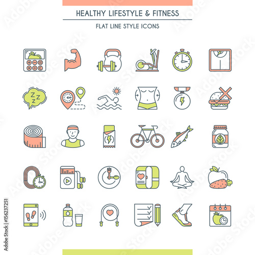 Healthy lifestyle icons set. Modern icons on theme fitness, nutrition and dieting