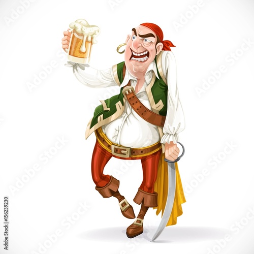 Drunken pirate with a glass of beer is based on the sword isolat