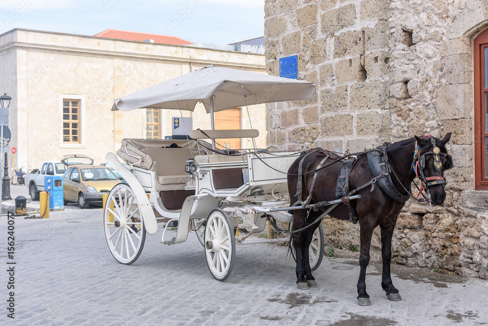 A white carriage harnessed by a black horse stands on a city street