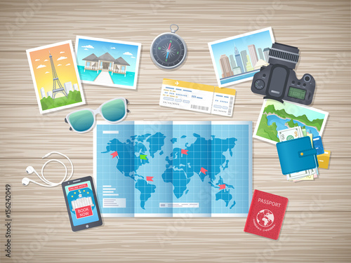 Preparing for vacation, travel, journey. Travel planning. Booking hotel. Wooden table with world map, photos, air ticket, passport, phone, wallet, camera, compass, headphones. Vector, top view