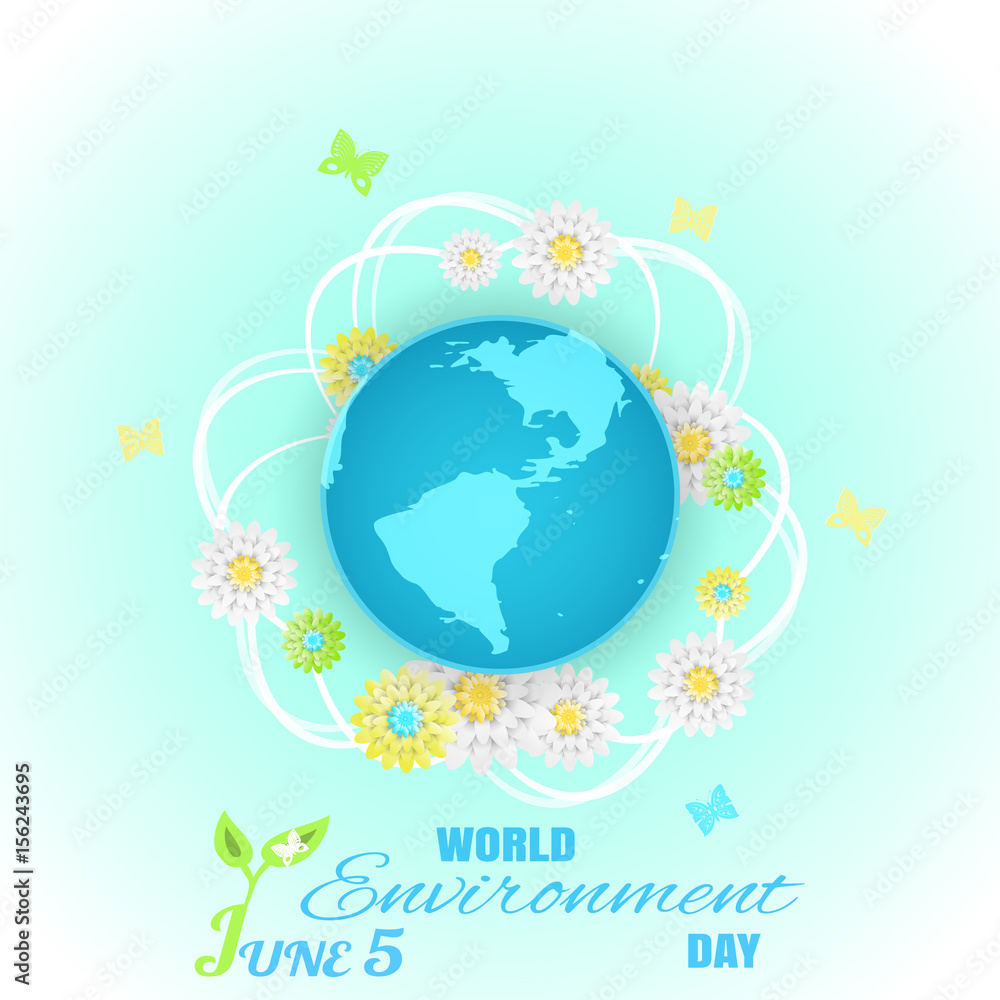 Naklejka premium Vector World Environment Day poster on the light blue background with globe in the center, text, butterflies and flowers of different colors.