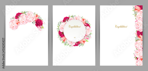 Set of three congratulation cards with flower composition. Blooming pink roses and tulips formed branch, frame and border and on the white standard size backgrounds.
