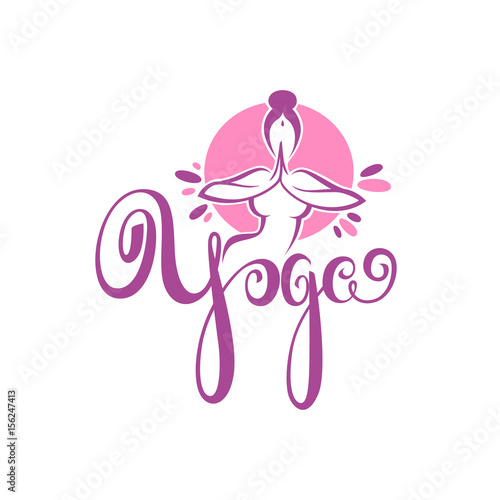 Yoga Logo, Vector Woman Doing Yoga Practice  With Lettering Composition