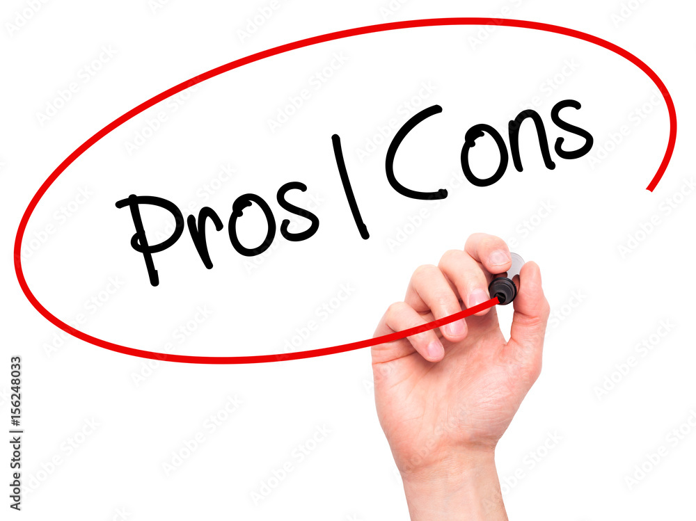 Man Hand writing Pros Cons with black marker on visual screen Man Hand writing Pros Cons with black marker on visual screen