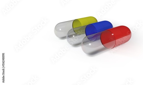 Different pills on the white, 3d render