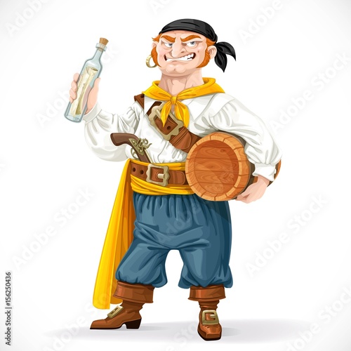 Cute pirate with a barrel of rum and a bottle with a letter isolated on a white background