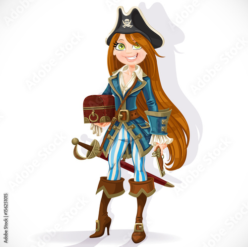 Cute pirate girl with cutlass, pistol and chest isolated on a white background