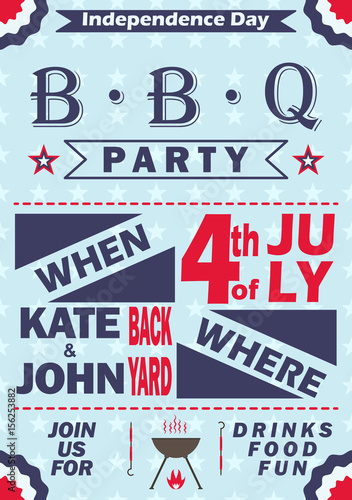 Vector Independence Day barbecue party invitation. BBQ invitation card template design. 4th of July picnic party flyer.