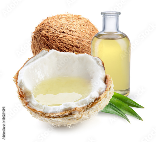 Coconut with coconut oil with and half of young fresh coco nut isolated on white background. Full depth of field.