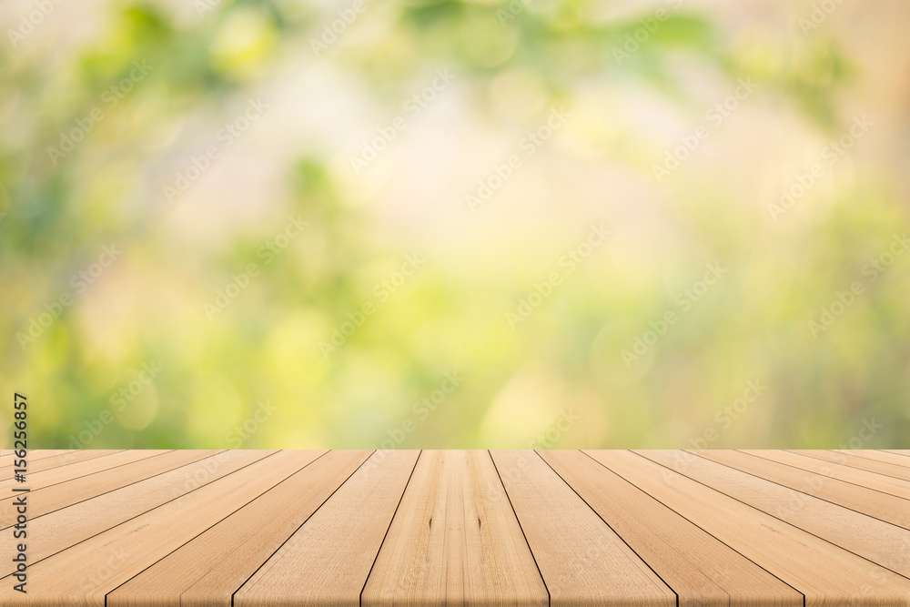 table top on green blurred background,Space for placing products table top on green blurred background,Space for placing products